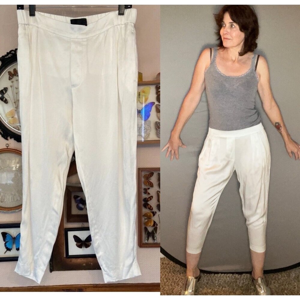 NILI LOTAN Cropped White Satin Pant Size M acetate viscose pull on elastic waist